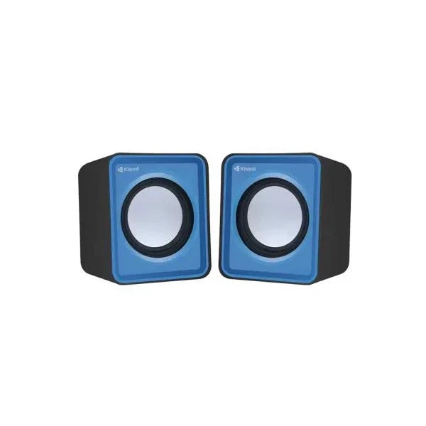 Blue and black compact desktop speakers with circular drivers, ideal for computer audio setup
