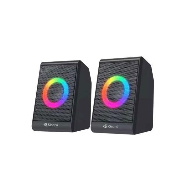 Black Kisonli RGB LED speakers with vibrant circular lighting, ideal for desktop audio and gaming setups.