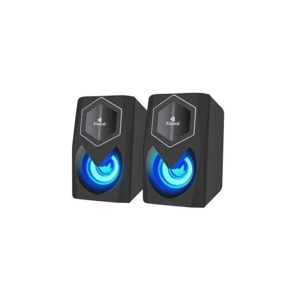 Black Kisonli computer speakers with glowing blue LED lights, ideal for desktop audio and gaming setups.