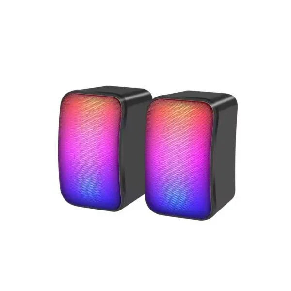 Compact RGB LED speakers with vibrant color-changing lights, ideal for desktop audio and ambiance.