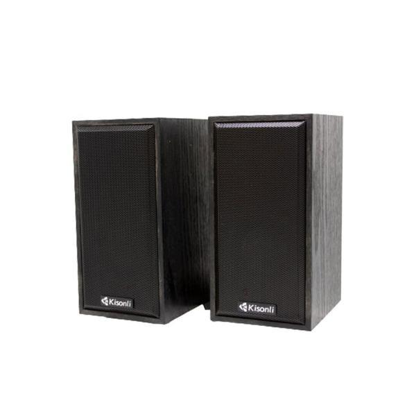 Black Kisonli desktop speakers with wood grain finish, compact design for computer audio