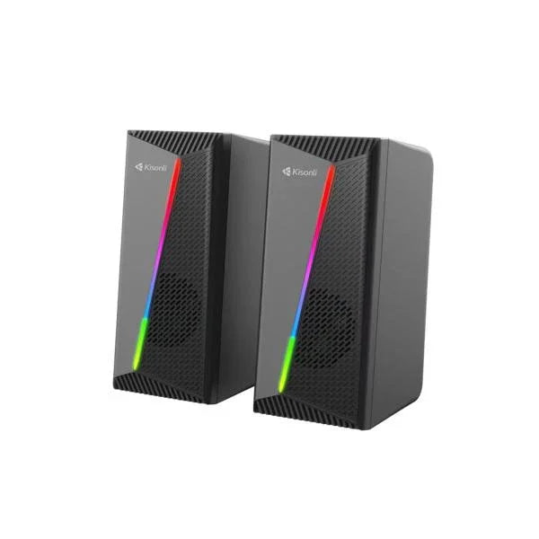 Black gaming speakers with RGB lighting and textured grille design