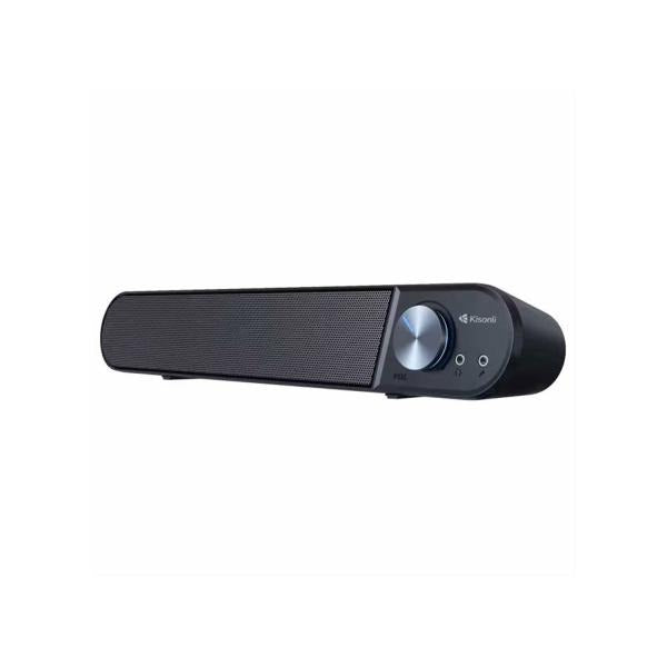 Compact black soundbar with silver volume knob and control buttons for home audio setup