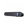 Compact black soundbar with silver volume knob and control buttons for home audio setup