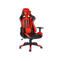 Red and black gaming chair with ergonomic design, adjustable armrests, and high back support for comfort.
