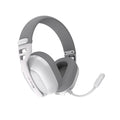 White and gray gaming headset with detachable mic, ergonomic design, and breathable ear cushions