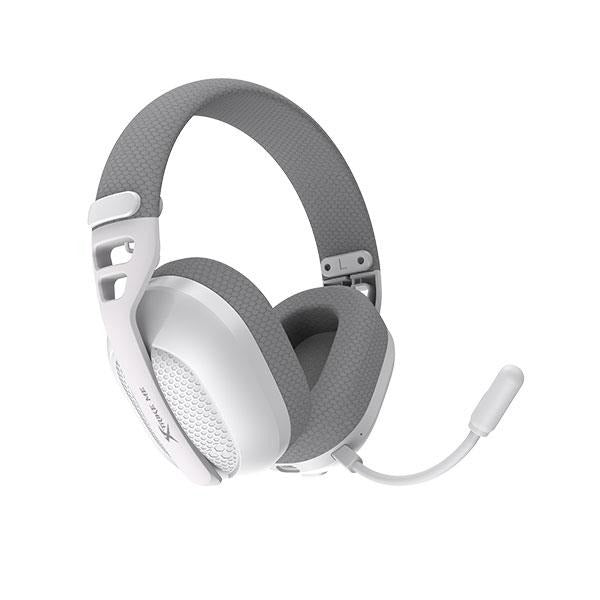 White and gray gaming headset with detachable mic, ergonomic design, and breathable ear cushions