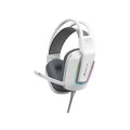 White gaming headset with RGB lighting, adjustable mic, and comfortable ear cushions for immersive audio