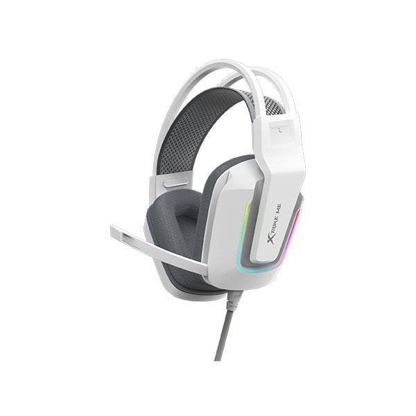 White gaming headset with RGB lighting, adjustable mic, and comfortable ear cushions for immersive audio