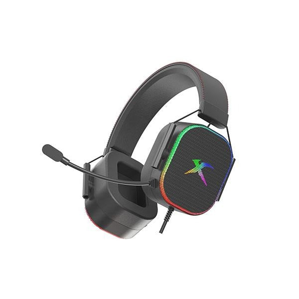 Gaming headset with RGB lighting and mic, black design with colorful accents