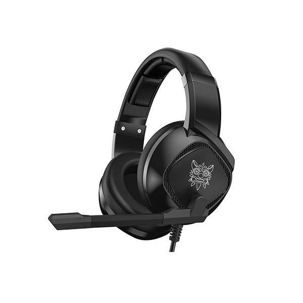 Black gaming headset with mic, cat logo, over-ear design for PC console use