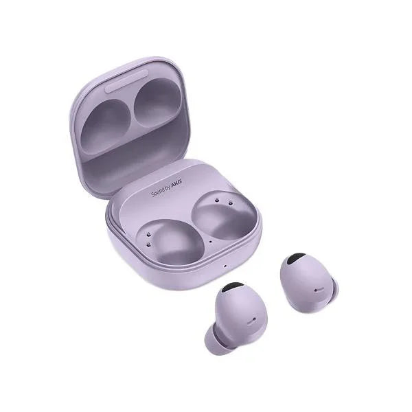 Lavender wireless earbuds with charging case, Sound by AKG branding visible
