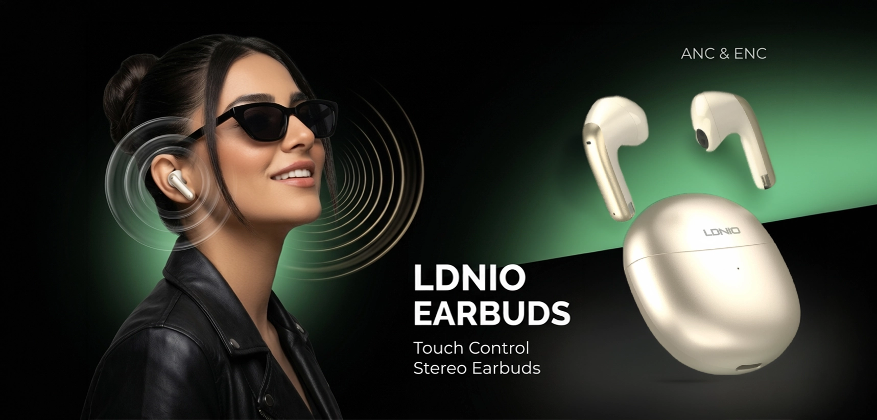 LDNIO wireless earbuds with ANC & ENC, touch control stereo earphones, sleek charging case